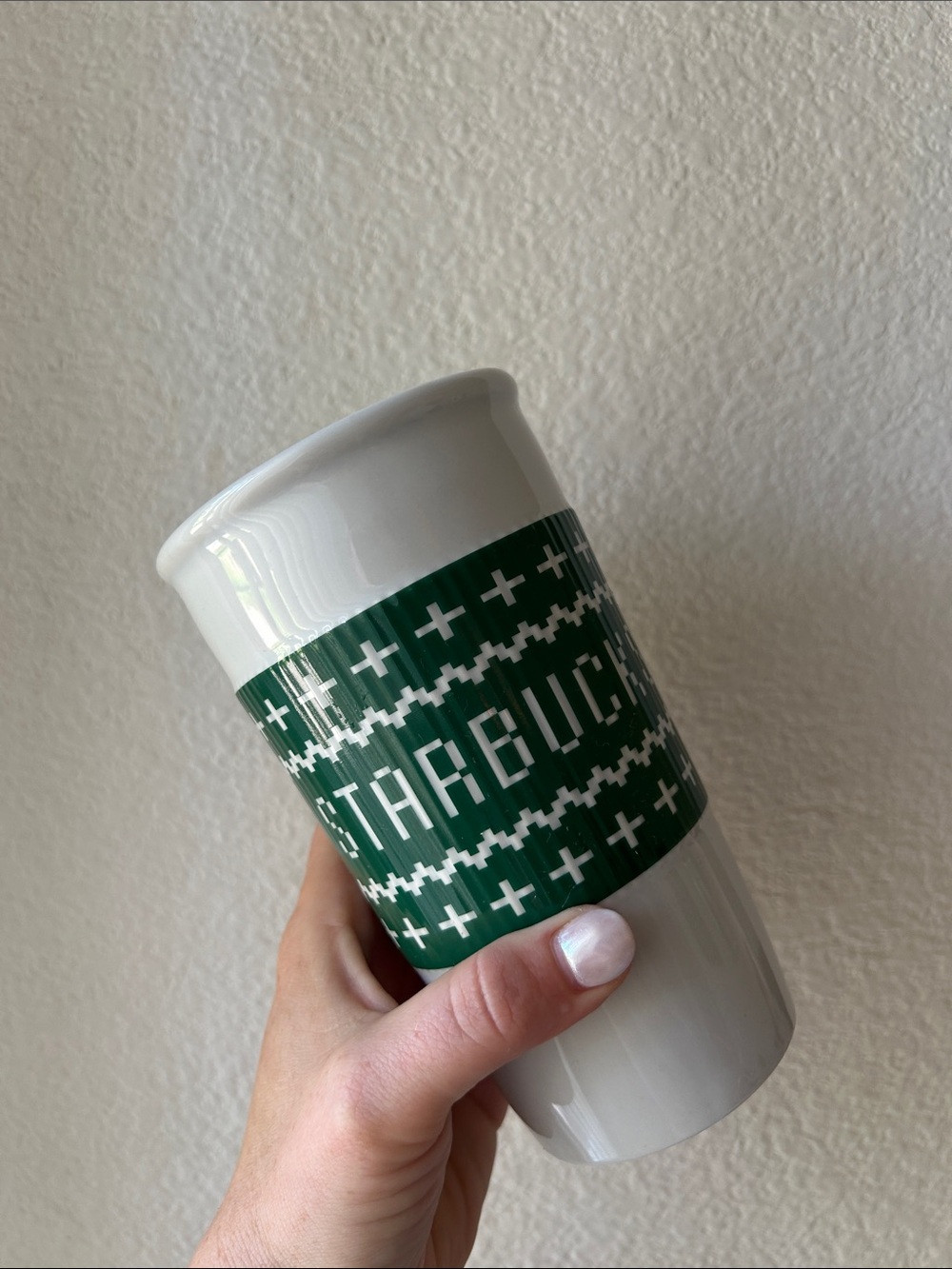 Starbucks White and Green Ceramic Travel Tumbler
